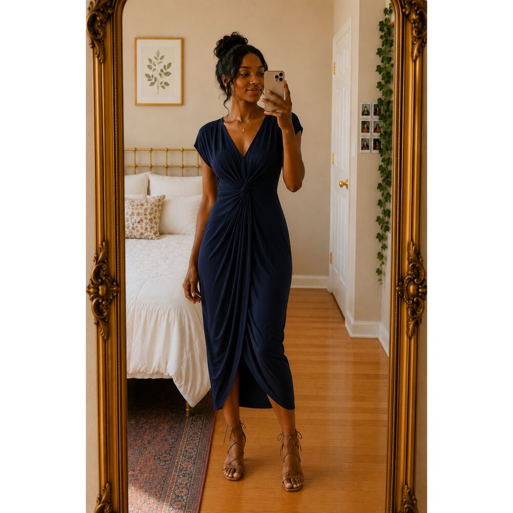 Love J Women's Twist Front Black Deep V-Neck Dress Size L - NWT